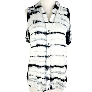 Rock & Republic Women's Hi Low Black White Tie Dye Cold Shoulder Blouse Size XS